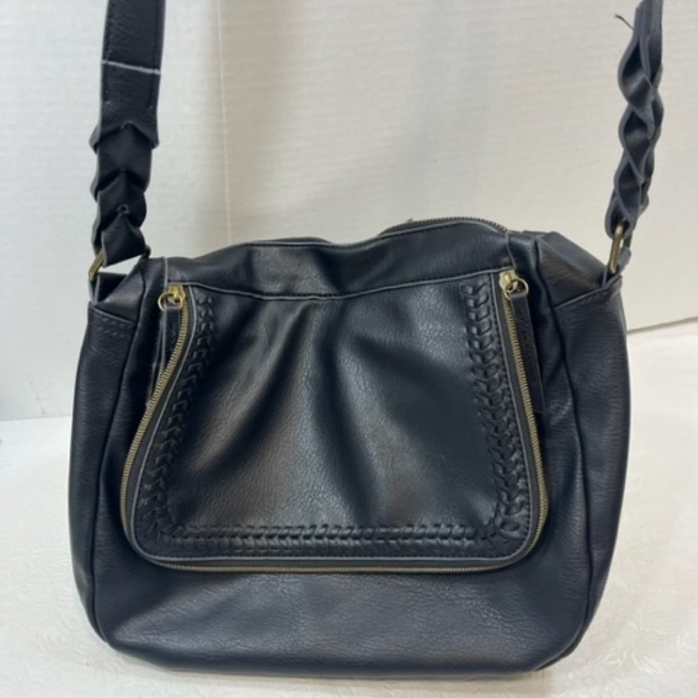 Black Faux Leather Messenger Shoulder Bag Crossbody Adjustable Zip Around Front